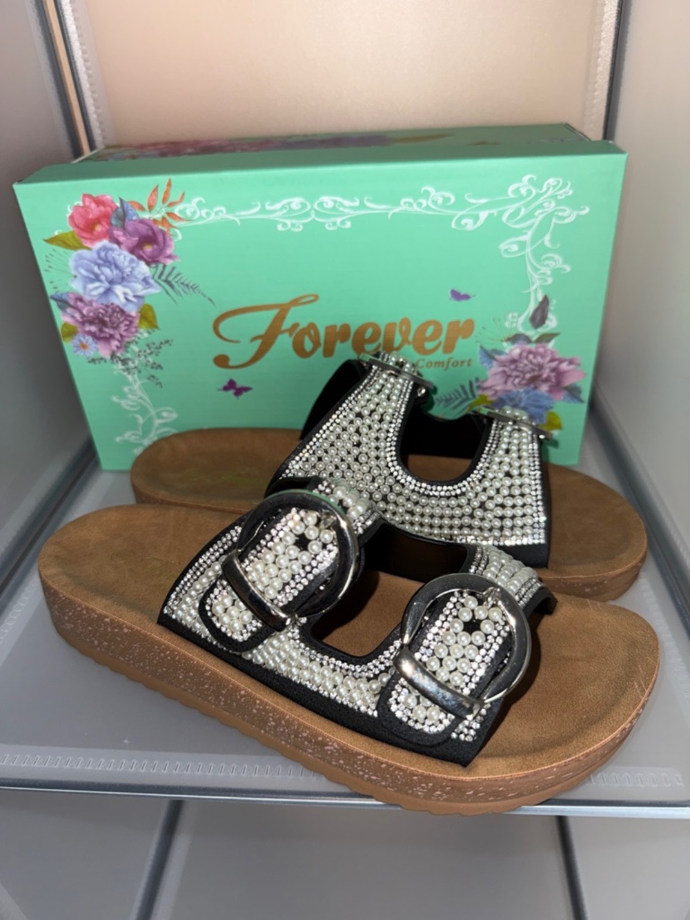 Forever Comfort Pearl Embellished Platform Slide Sandal Black Size 9